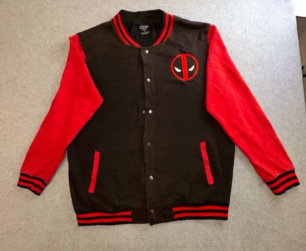 Marvel Deadpool Varsity Jacket Black Red Snap Front Lined Pockets Men’s XL